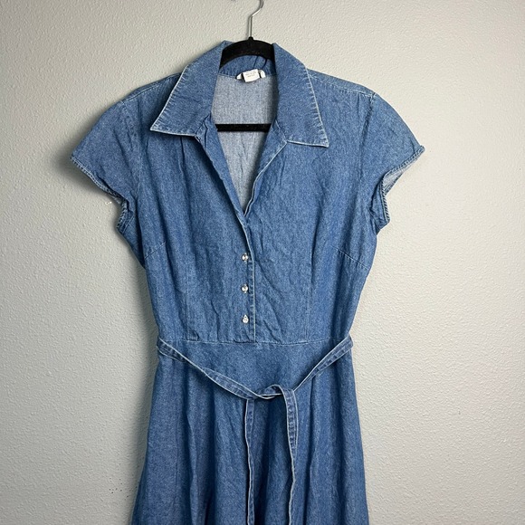 Robbie Bee Denim Jean Dress Size 14 Midi Shirt Dress Rhinestone Buttons Collared - Picture 2 of 13
